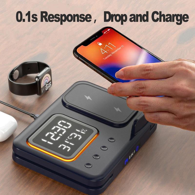 15W 5-in-1 Wireless Charging Stand with LED Clock