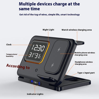 15W 5-in-1 Wireless Charging Stand with LED Clock