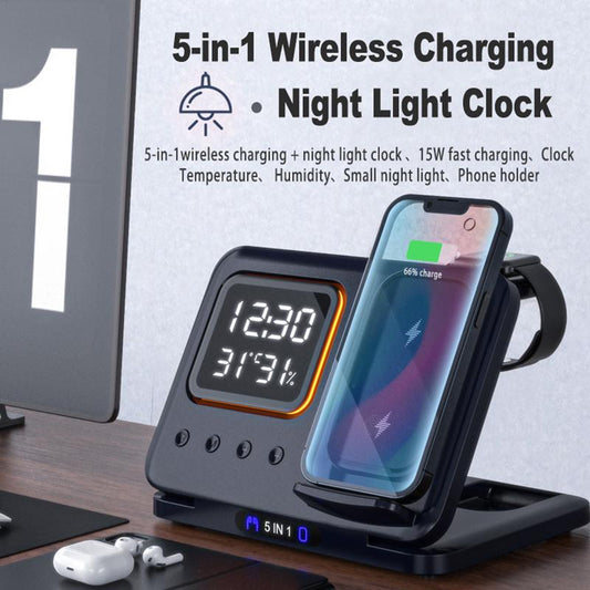 15W 5-in-1 Wireless Charging Stand with LED Clock